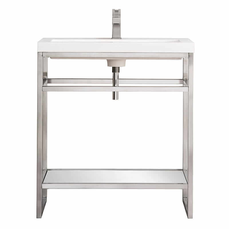 Boston 31.5 Inch Single Console Vanity in Brushed Nickel With White Glossy Composite Stone Top