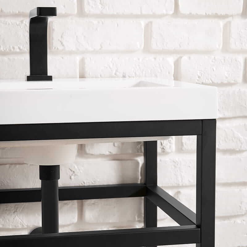Boston 31.5 Inch Single Console Vanity in Matte Black With White Glossy Composite Stone Top Front View Up Close