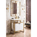 Boston 31.5 Inch Single Console Vanity in Radiant Gold With White Glossy Composite Stone Top With Glossy White Storage Corner View