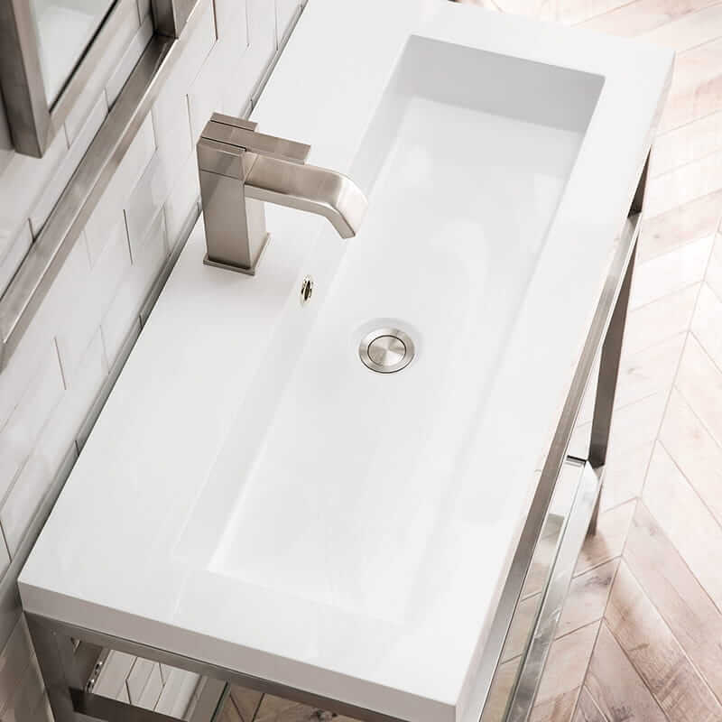 Boston 31.5" Single Console Vanity in Brushed Nickel With White Glossy Composite Stone Top Top View