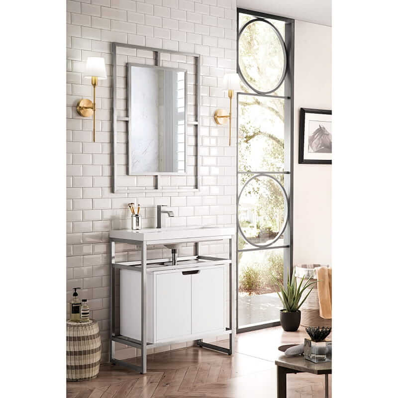 Boston 31.5" Single Console Vanity in Brushed Nickel With White Glossy Composite Stone Top With Glossy White Storage Corner View