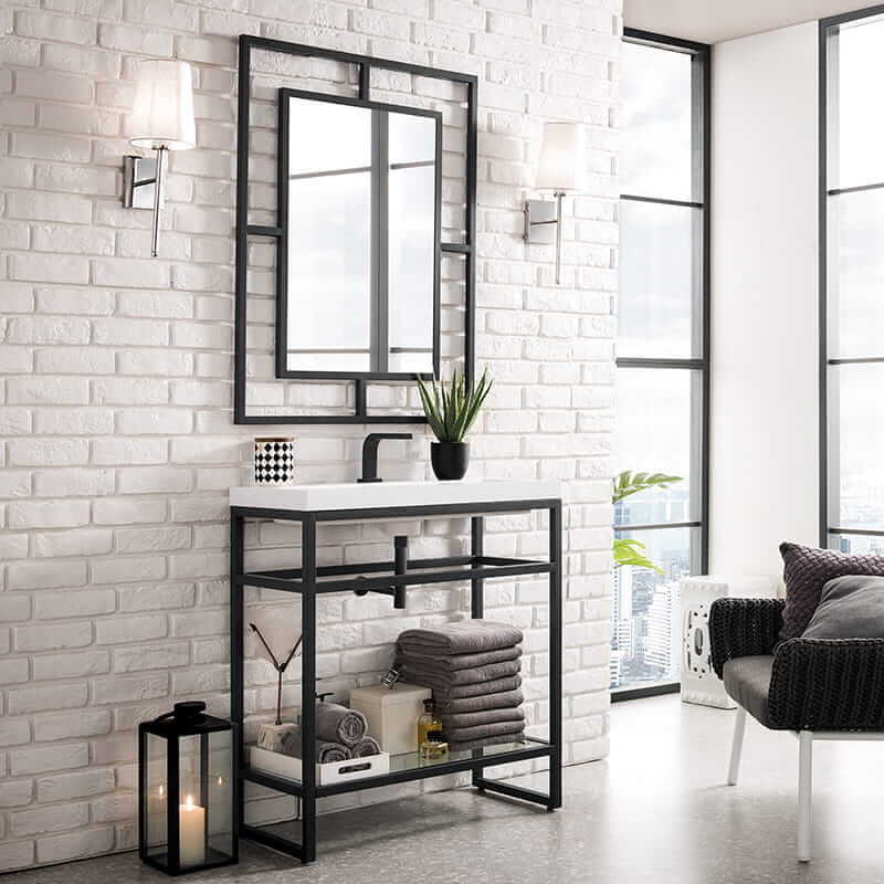 Boston 31.5" Single Console Vanity in Matte Black With White Glossy Composite Stone Top Corner View