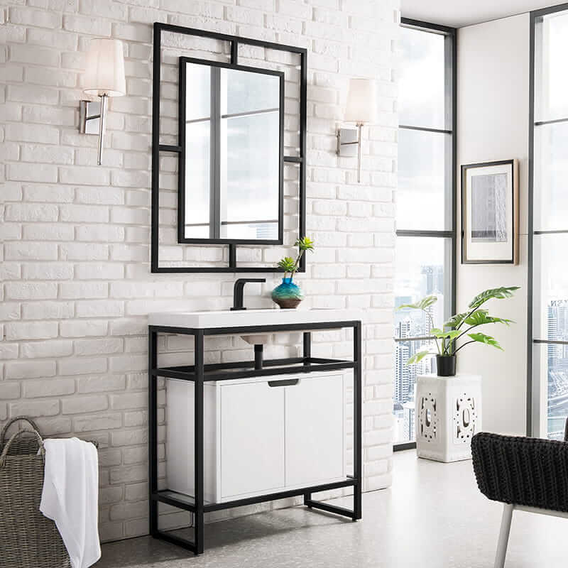 Boston 31.5" Single Console Vanity in Matte Black With White Glossy Composite Stone Top With Glossy White Storage Corner View