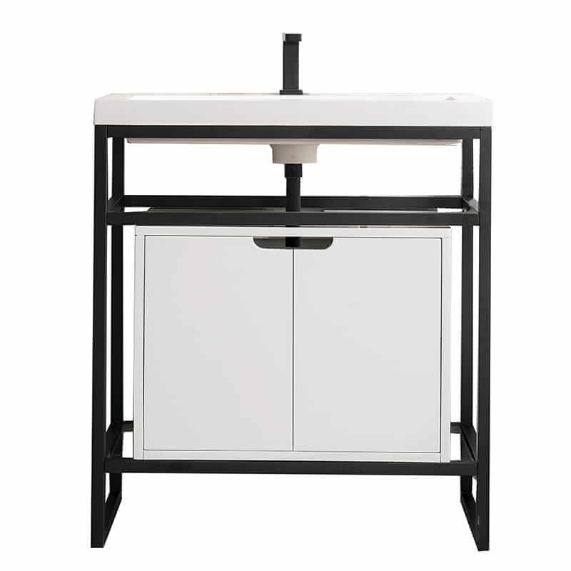 Boston 31.5" Single Console Vanity in Matte Black With White Glossy Composite Stone Top With Glossy White Storage