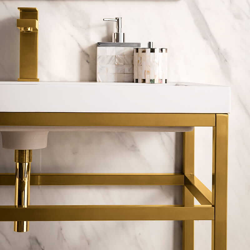 Boston 31.5" Single Console Vanity in Radiant Gold With White Glossy Composite Stone Top With Glossy White Storage Front View Up Close