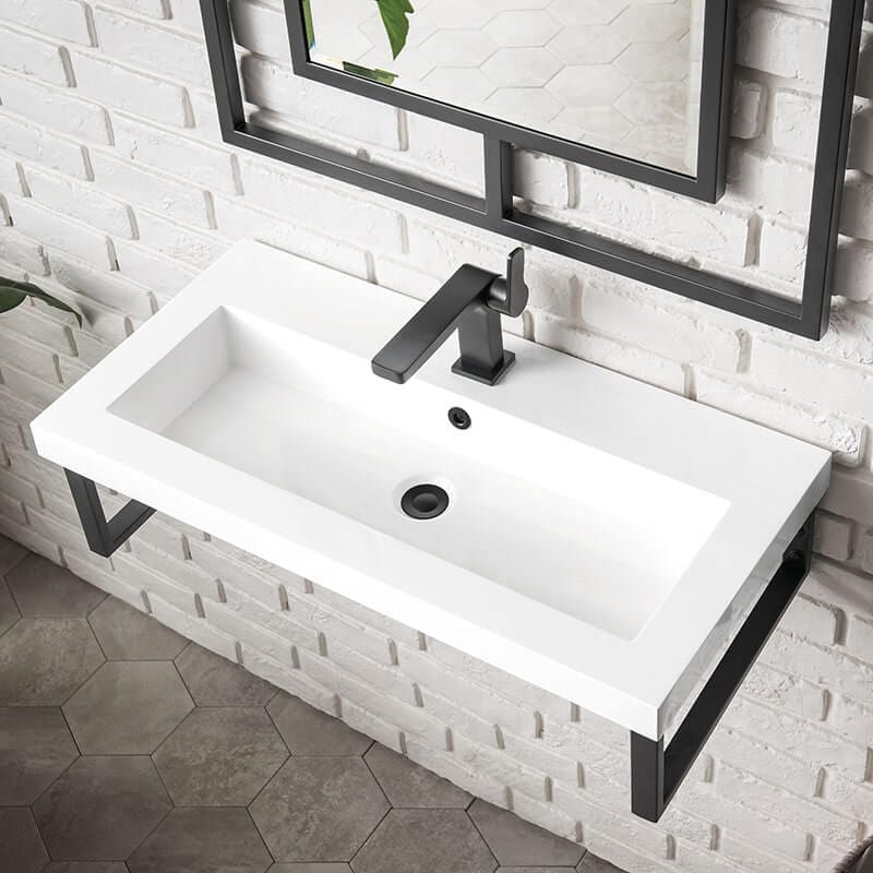 Boston 31.5 Single Vanity Matte Black White Glossy Composite Stone Top