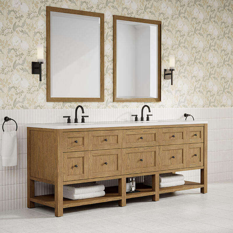 Breckenridge 84 Inch Double Vanity Light Natural Oak in White Zeus Silestone Top Side View