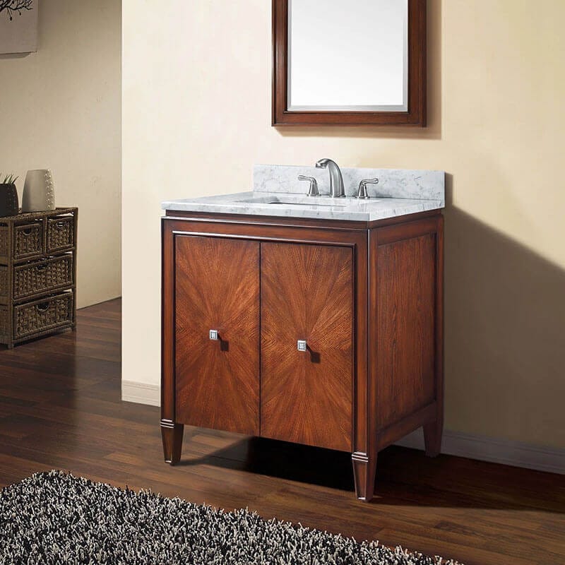 Brentwood 25 Single Sink Bathroom Vanity New Walnut in Carrara White Marble Corner View