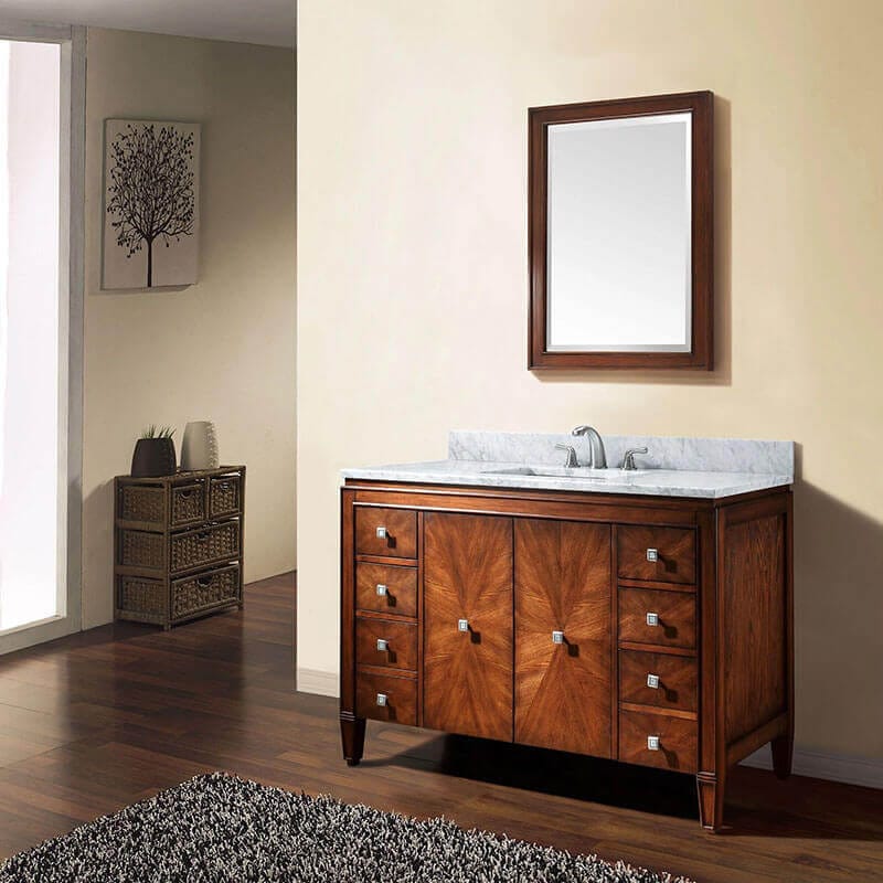 Brentwood 49 Single Sink Bathroom Vanity New Walnut in Carrara White Marble Corner View