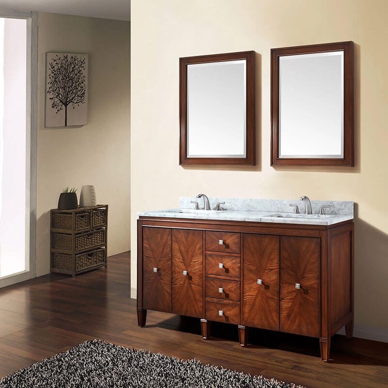 Brentwood 61 Double Sink Bathroom Vanity New Walnut in Carrara White Marble Corner View