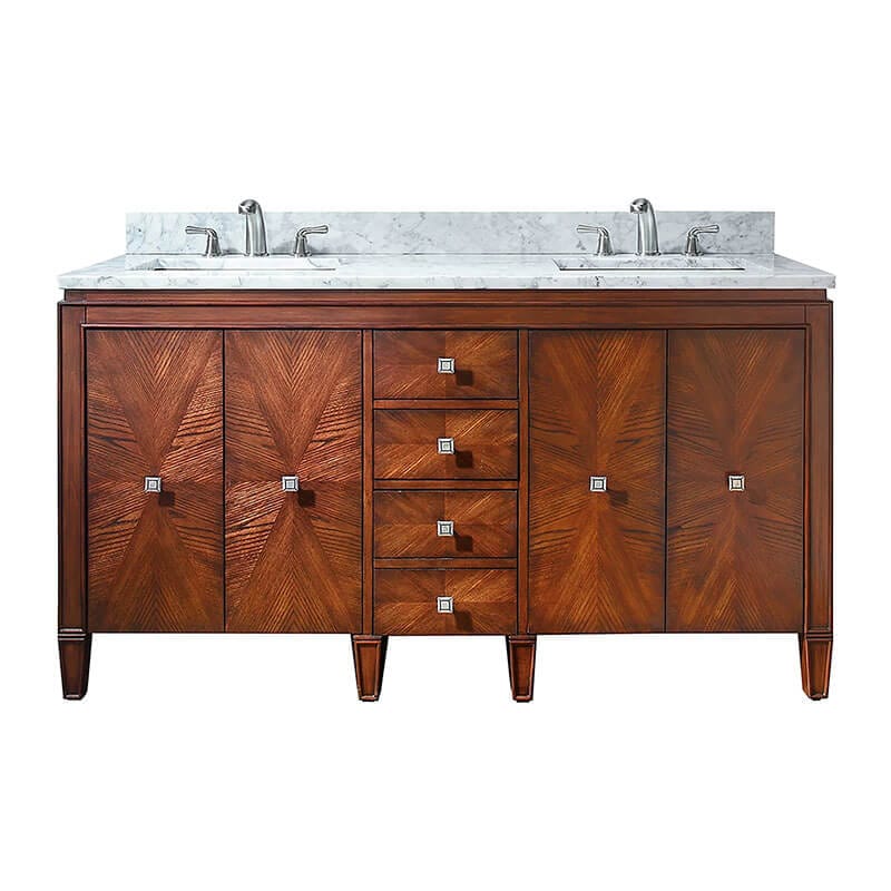 Brentwood 61 inch Double Sink Bathroom Vanity New Walnut in Carrara White Marble Front View