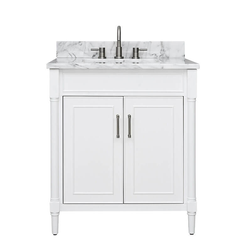 Bristol 30 inch Single Sink Bathroom Vanity White in Carrara White Marble Front View
