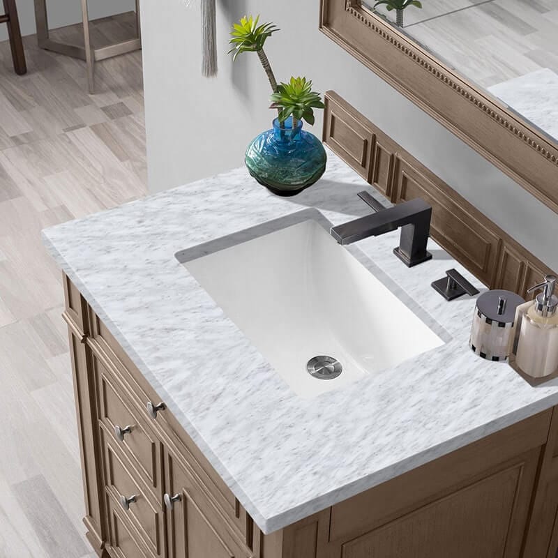 Bristol 30 Inch Single Vanity Whitewashed Walnut With Carrara Marble Top