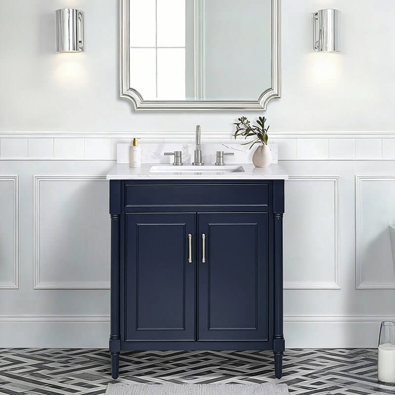 Bristol 30 Single Sink Bathroom Vanity Navy Blue in Cala White Engineered Stone Front View
