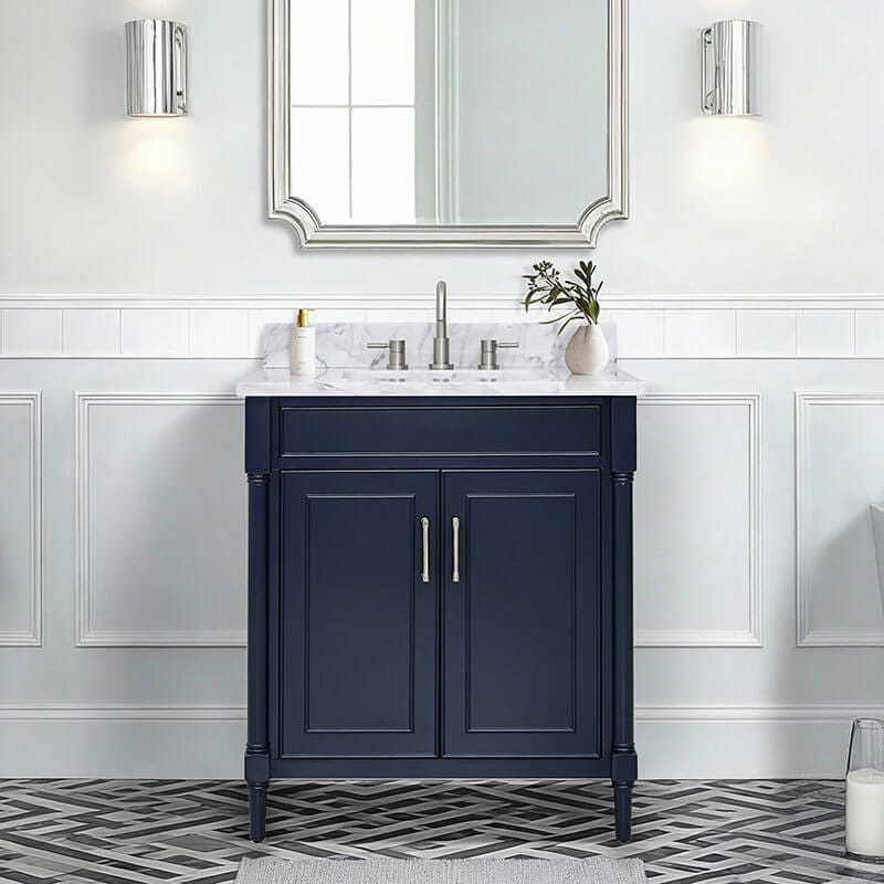 Bristol 30 Single Sink Bathroom Vanity Navy Blue in Carrara White Marble Front View