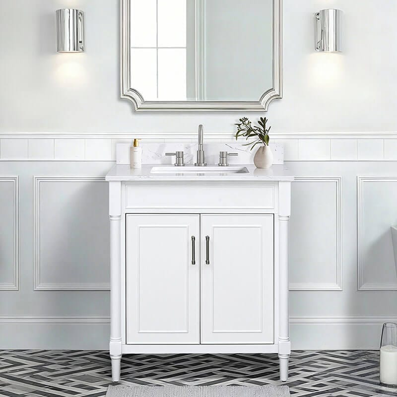 Bristol 30 Single Sink Bathroom Vanity White in Cala White Engineered Stone Front View