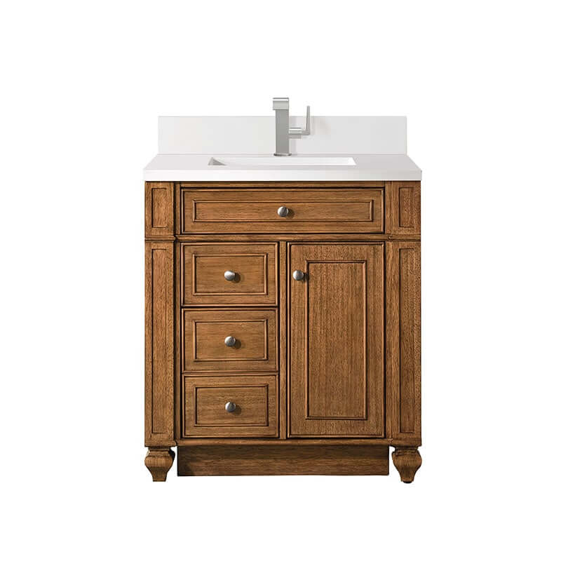 Bristol 30 Single Vanity Saddle Brown With Single Hole Faucet White Zeus Silestone Top Backsplash