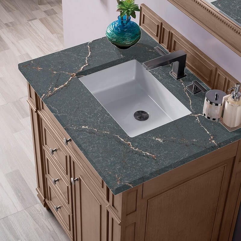 Bristol 30" Single Vanity Whitewashed Walnut Parisien Bleu Silestone Top