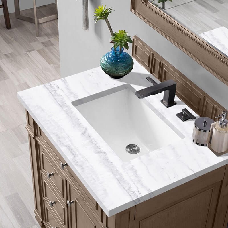 Bristol 30" Single Vanity Whitewashed Walnut With Arctic Fall Solid Surface Top