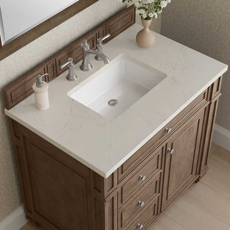 Bristol 36 Inch Single Vanity in Whitewashed Walnut With Siberian Silestone Top