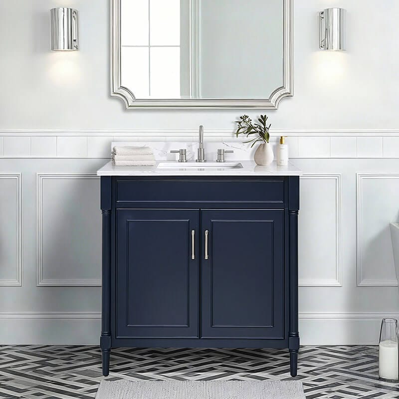 Bristol 36 Single Sink Bathroom Vanity Navy Blue in Cala White Engineered Stone Front View