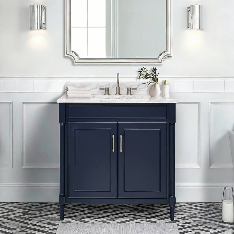 Bristol 36 Single Sink Bathroom Vanity Navy Blue in Carrara White Marble Front View
