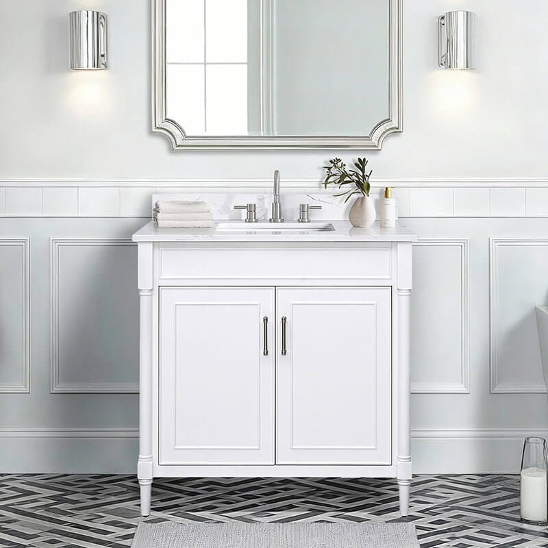 Bristol 36 Single Sink Bathroom Vanity White in Cala White Engineered Stone Front View