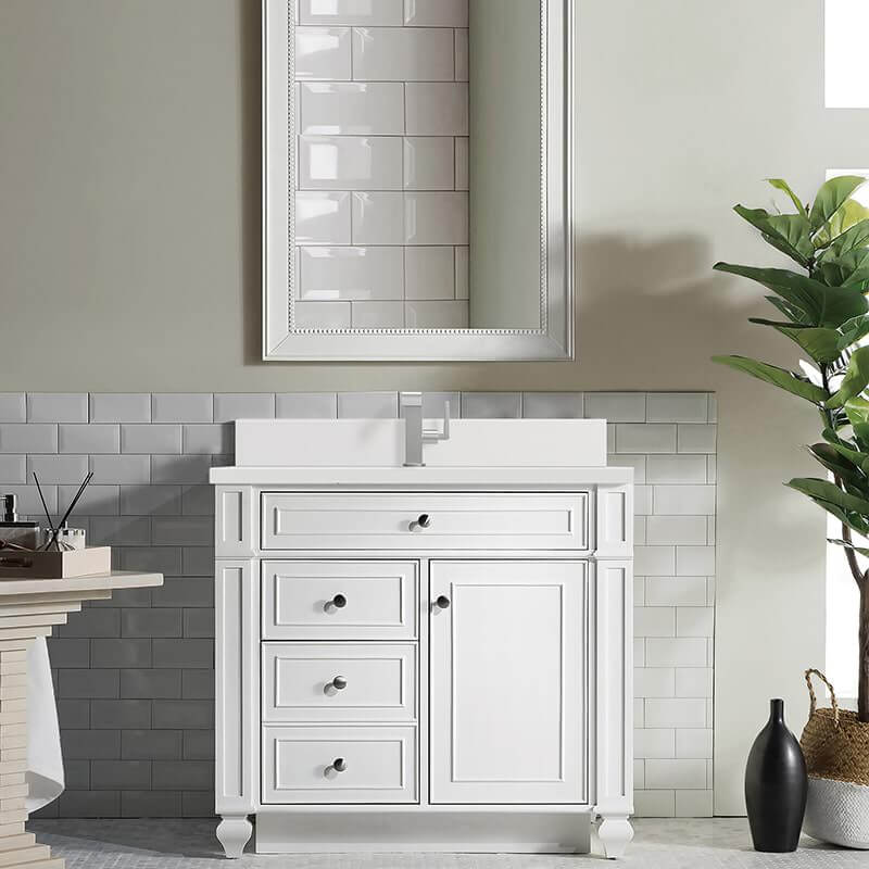 Bristol 36" Single Vanity in Bright White With Single Hole Faucet White Zeus Silestone Top Backsplash