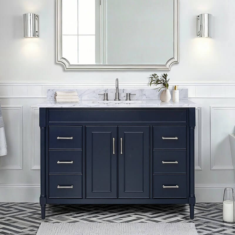 Bristol 48 inch Single Sink Bathroom Vanity Navy Blue in Carrara White Marble Front View