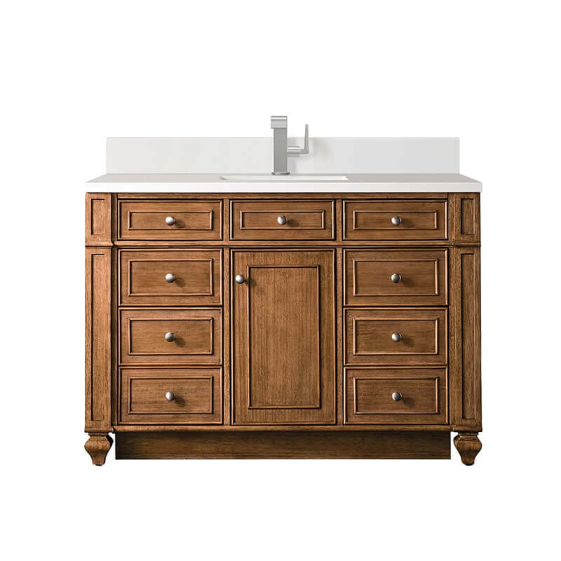 Bristol 48 Inch Single Vanity Saddle Brown With Single Hole Faucet White Zeus Silestone Top Backsplash