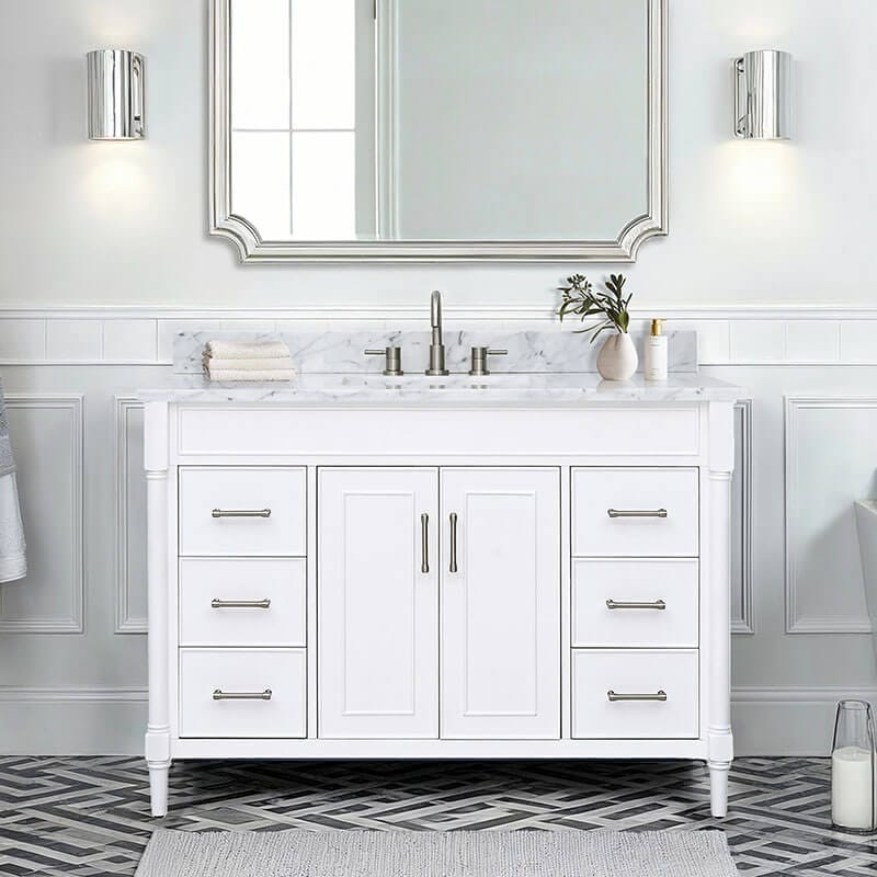 Bristol 48 Single Sink Bathroom Vanity Navy White in Carrara White Marble Front View