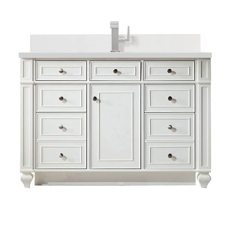 Bristol 48" Single Vanity Bright White With Single Hole Faucet White Zeus Silestone Top Backsplash