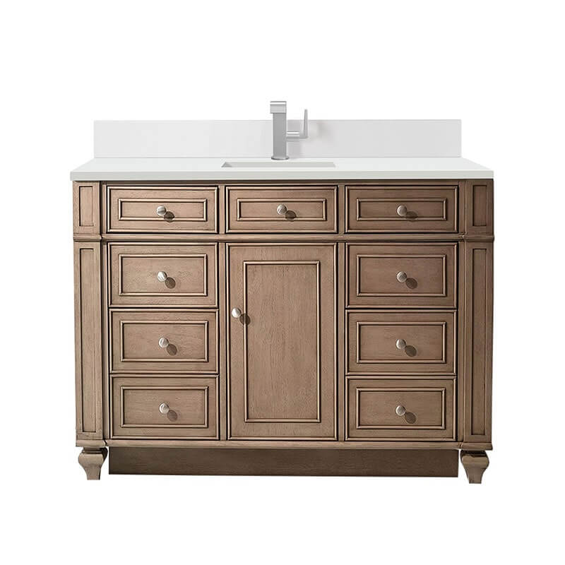 Bristol 48 Single Vanity Whitewashed Walnut With Single Hole Faucet White Zeus Silestone Top Backsplash