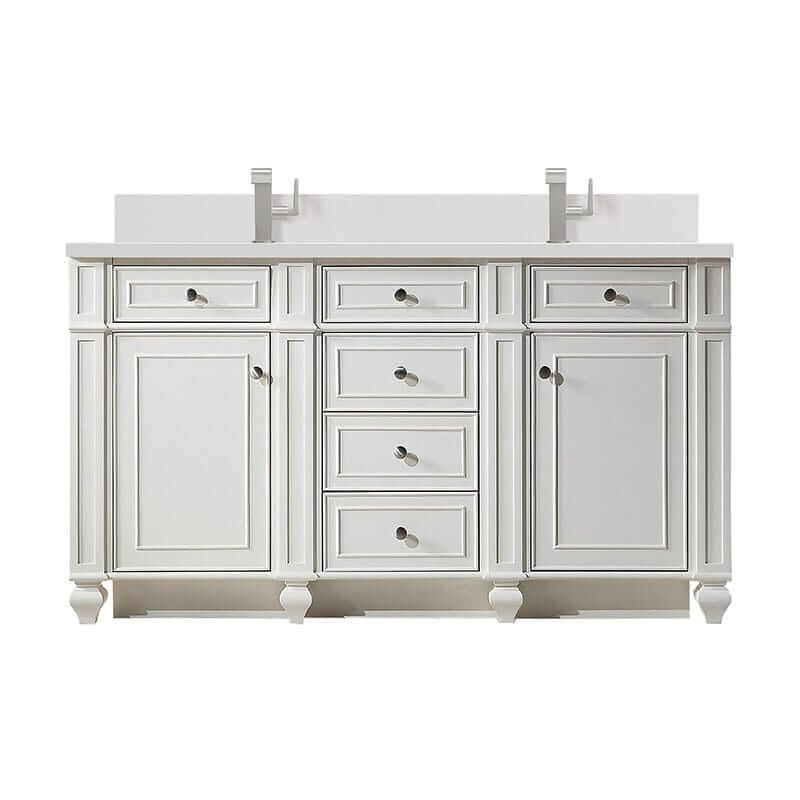 Bristol 60" Double Vanity Bright White With Single Hole Faucet White Zeus Silestone Top Backsplash