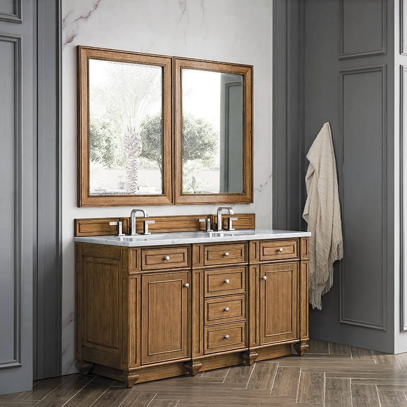 Bristol 60" Double Vanity Saddle Brown With Carrara Marble Top