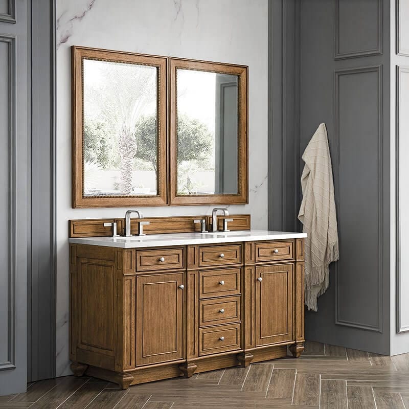 Bristol 60" Double Vanity Saddle Brown With Single Hole Faucet White Zeus Silestone Top Backsplash