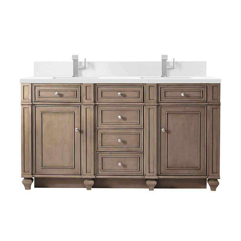 Bristol 60" Double Vanity Whitewashed Walnut With Single Hole Faucet White Zeus Silestone Top Backsplash