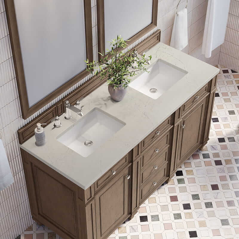 Bristol 60 Inch Double Vanity in Whitewashed Walnut With Siberian Silestone Top