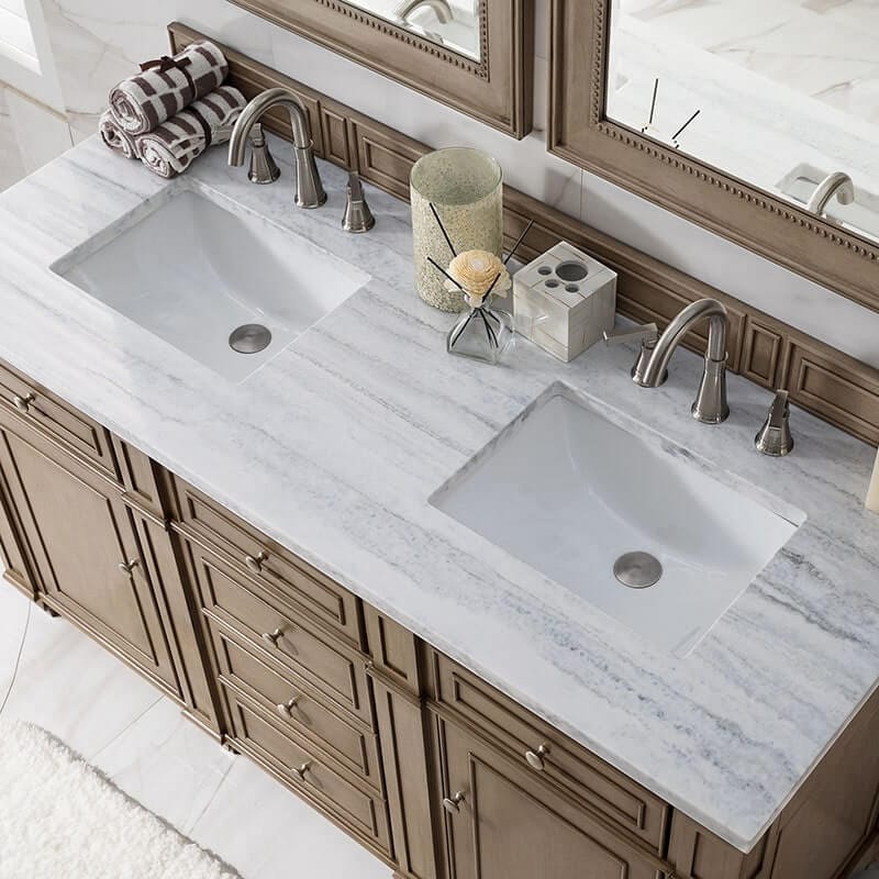 Bristol 60 Inch Double Vanity Whitewashed Walnut With Arctic Fall Solid Surface Top