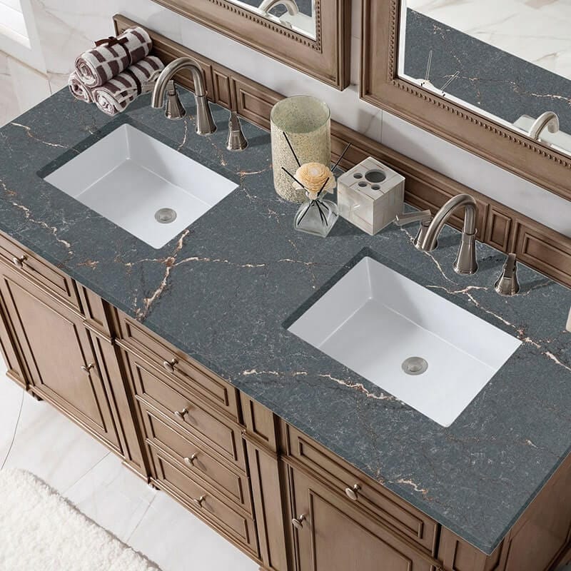 Bristol 60 Inch Double Vanity Whitewashed Walnut With Parisien Bleu Silestone Top