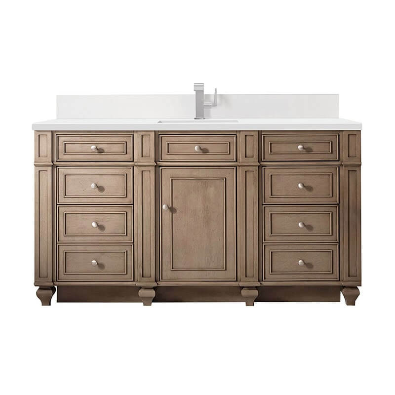 Bristol 60 Inch Single Vanity Whitewashed Walnut With Single Hole Faucet White Zeus Silestone Top Backsplash