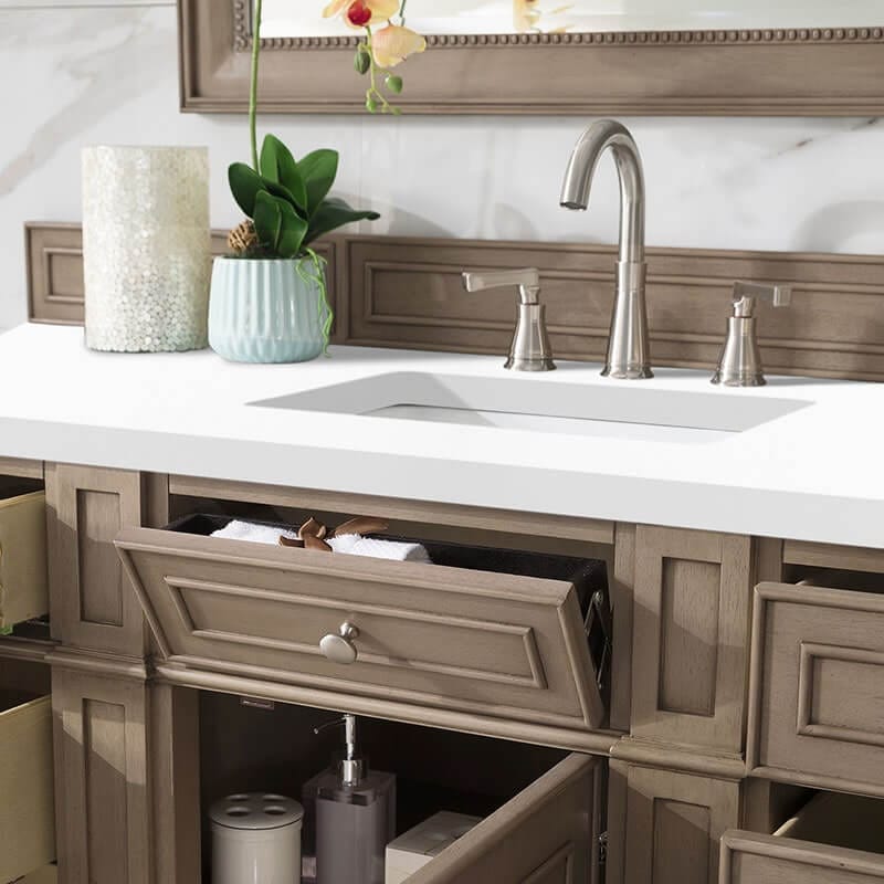 Bristol 60 Inch Single Vanity Whitewashed Walnut With White Zeus Silestone Top