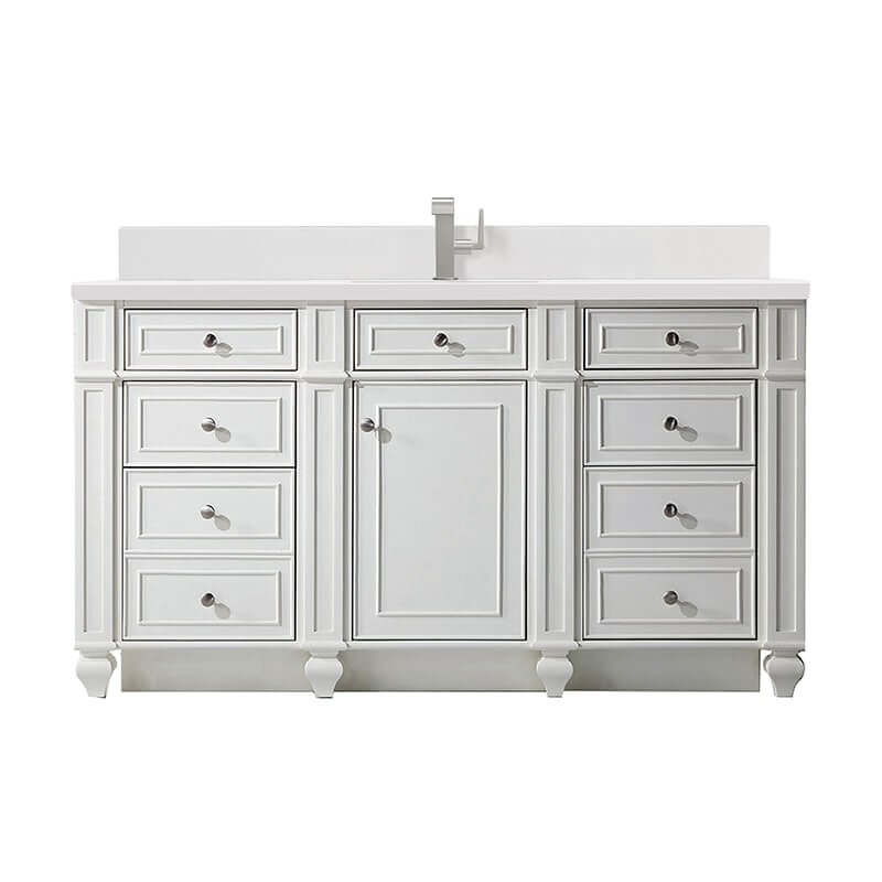 Bristol 60" Single Vanity Bright White With Single Hole Faucet White Zeus Silestone Top Backsplash
