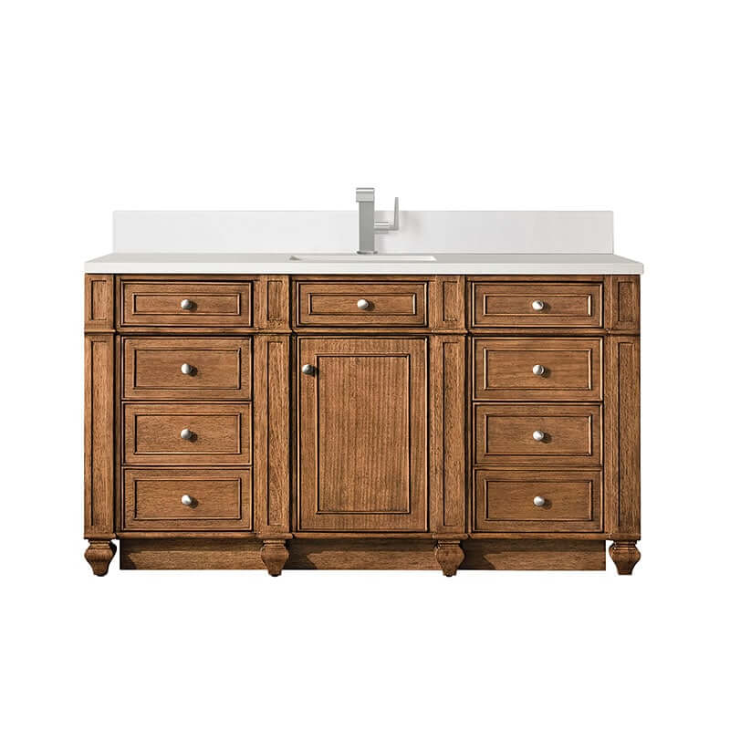 Bristol 60" Single Vanity Saddle Brown With Single Hole Faucet White Zeus Silestone Top Backsplash