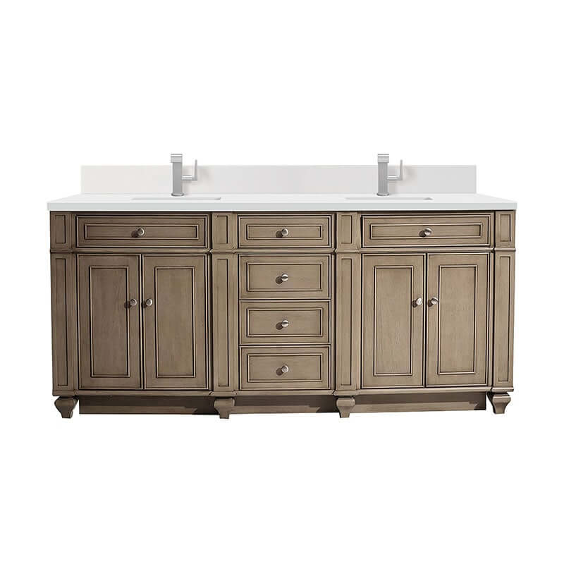 Bristol 72" Double Vanity Whitewashed Walnut With Single Hole Faucet White Zeus Silestone Top Backsplash