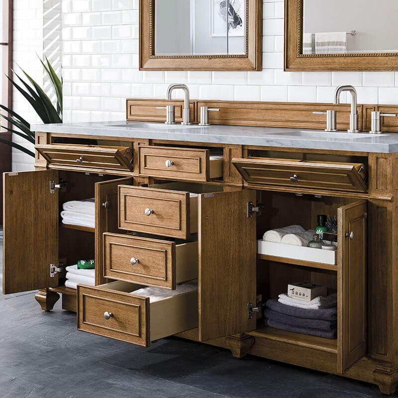 Bristol 72 Inch Double Vanity Saddle Brown Open Drawers