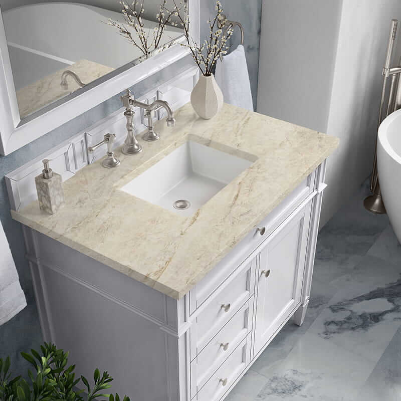 Brittany 36 Inch Single Vanity in Bright White With Tajnar Eclos Top
