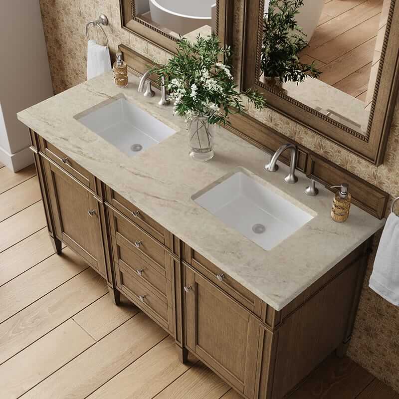 Brittany 60" Double Vanity in Saddle Brown With Tajnar Eclos Top
