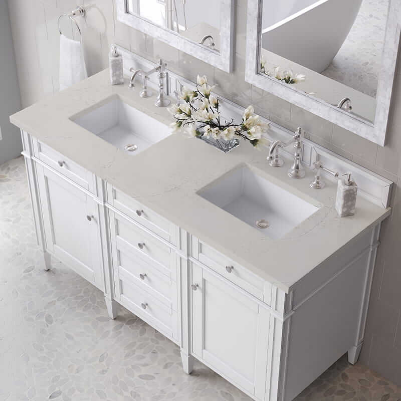 Brittany 60 Inch Double Vanity in Bright White With Siberian Silestone Top
