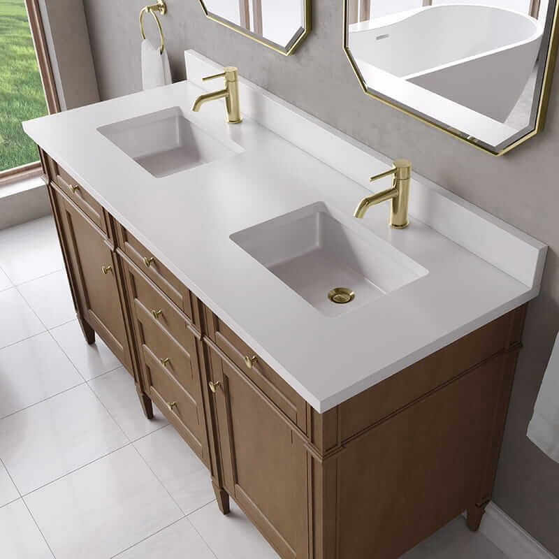 Brittany 60 Inch Double Vanity in Pecan With Single Hole Faucet White Zeus Silestone Top Backsplash